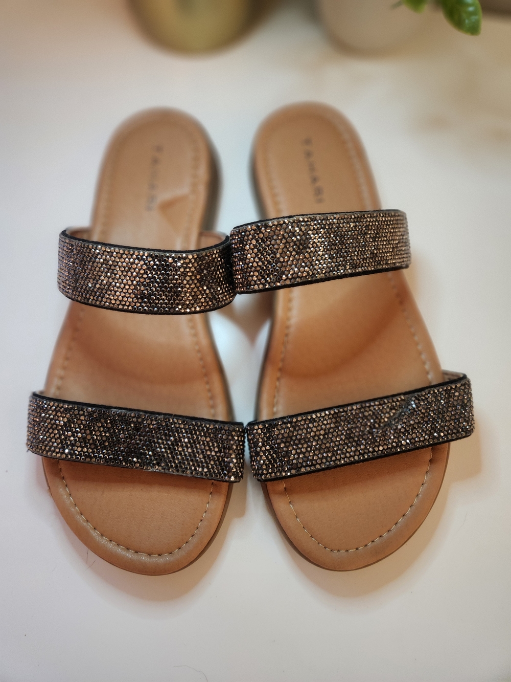 Tahari Ahari Women’s Two-Band Embellished Slide Sandal - Black Sparkle